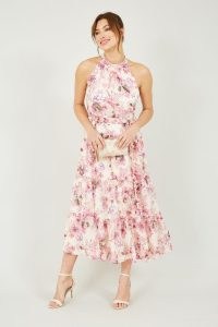 YUMI Pink Floral Print Halter Gyspy Dress / feminine wedding guest outfit / flowing summer occasion clothes / floaty halterneck event dresses