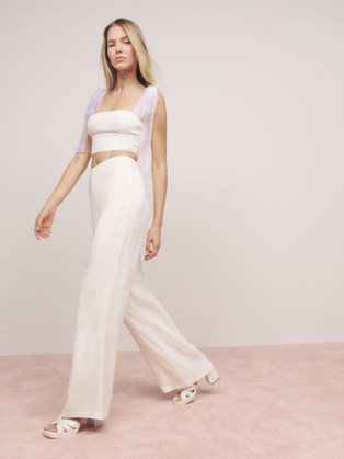 Reformation Abby Two Piece in Gossamer ~ modern wedding outfits ~ contemporary bridal wear ~ trousers and crop tops occasion clothing sets