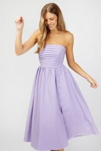 LITTLE MISTRESS Rosamund Lilac Bandeau Pleated Midi Dress ~ strapless fit and flare dresses ~ women’s vintage style summer fashion