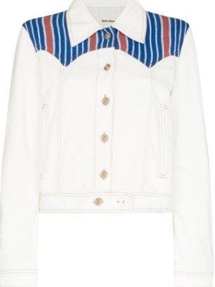 Wales Bonner Cotonou striped cropped denim jacket | women’s white Western inspired stripe panel jackets | womens organic cotton fashion | FARFETCH