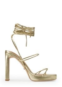 TONY BIANCO Deon Gold Nappa Metallic 11.5cm Heels – strappy metallic going out platforms – ankle tie evening shoes – glamorous party sandals – women’s on-trend occasion footwear