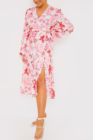 BILLIE FAIERS PINK FLORAL BALLOON SLEEVE WRAP MIDI DRESS ~ long sleeved tie waist celebrity inspired dresses