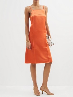 LOEWE Square-neck satin camisole dress in orange ~ luxe A-line slip dresses ~ square neck