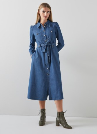 L.K. Bennett Sisi Denim Cotton-Tencel Shirt Dress | long puff sleeved tie waist dresses | shirt dresses with a 70s vintage feel