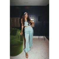 COSHEROOM LONDON MINT CHAI LOOK ~ green crop top and trouser set ~ womne’s glamorous silky look fashion co-ords