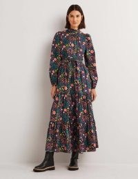 Boden Mutton Sleeve Maxi Dress in Multi Firework Bloom / long sleeved high neck floral print dresses / women’s vintage inspired clothes