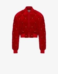 MOSCHINO QUILTED VELVET BOMBER JACKET RED | luxe cropped stud embellished jackets