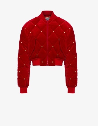 MOSCHINO QUILTED VELVET BOMBER JACKET RED | luxe cropped stud embellished jackets