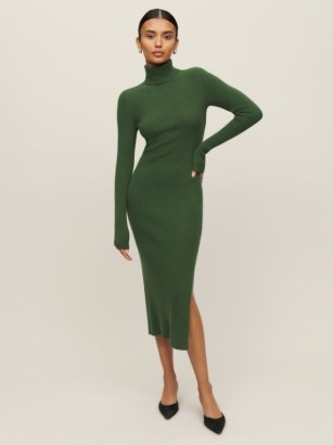 Reformation Robin Cashmere Sweater Dress in Cedar | green knitted long sleeved high neck split hem midi dresses | luxe knitwear fashion | chic knits