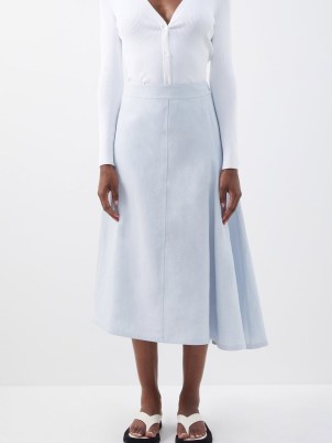 JIL SANDER Asymmetric coated-linen midi skirt in blue ~ side draped skirts