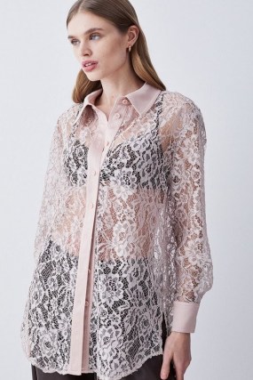 KAREN MILLEN Italian Lace & Satin Tailored Longline Shirt in Blush ~ pale pink semi sheer floral shirts