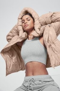 alo yoga STUNNER PUFFER JACKET in DUSTY PINK ~ women’s luxe glossy jackets ~ padded zip front outerwear