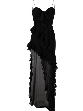 Alessandra Rich frilled side slit gown in black | ruffled spaghetti strap occasion gowns | strappy thigh high split maxi dresses | skinny shoulder straps | semi sheer ruffle trim evening event fashion | sweetheart neckline