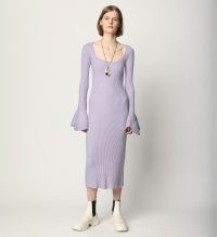 Proenza Schouler Fluted Rib Knit Dress in Lavender ~ lilac ribbed slim fit midi dresses ~ scoop neck ~ flared cuffs