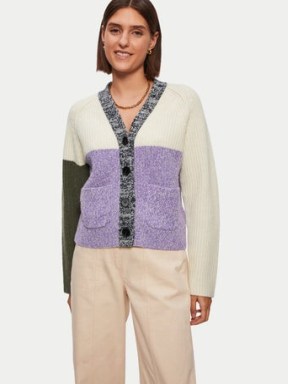 JIGSAW Merino Patchwork Cardigan in Purple ~ women’s colourblock cardigans