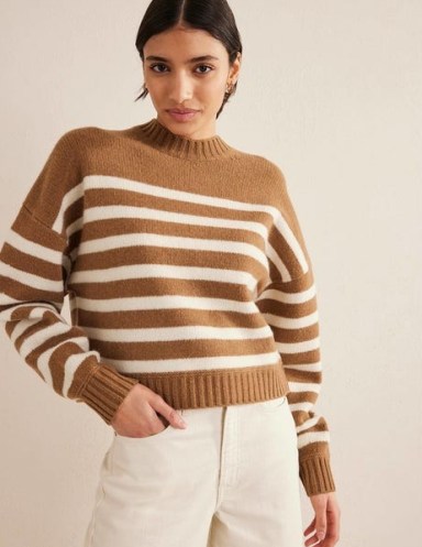 Boden Brushed Wool Cropped Jumper Teddy Bear, Ivory Stripe ~ women’s brown striped boxy jumpers ~ womens relaxed fit crop hem sweaters ~ neutral knitwear