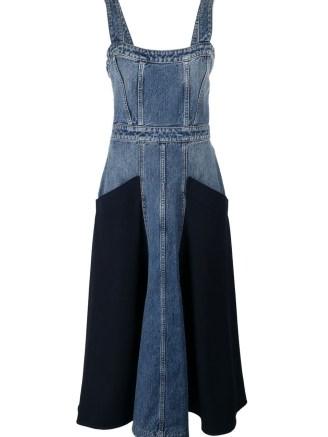 Chloé paneled denim midi dress in blue/navy blue ~ sleeveless square neck fit and flare dresses ~ A-line silhouette ~ womens designer fashion ~ women’s luxury clothing