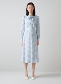 L.K. BENNETT Marcellin Blue and Cream Stripe Silk Dress / women’s luxury retro look dresses / pussy bow neck tie / womens vintage style clothes