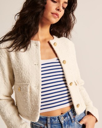 Abercrombie & Fitch Tweed Jacket in Cream ~ chic collarless cropped jackets ~ textured clothes ~ gold button details ~ women’s classic clothes ~ modern classics