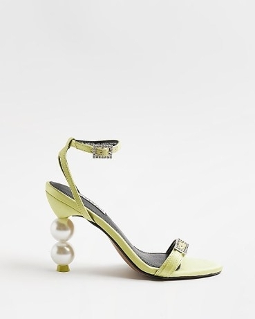 RIVER ISLAND YELLOW PEARL DETAIL HEELED SANDALS ~ sculpted party heels ~ barely there ankle strap shoes