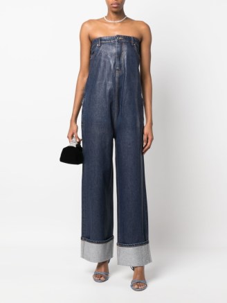 Alexander Wang strapless denim jumpsuit indigo blue | bandeau wide leg jumpsuits | women’s designer clothing