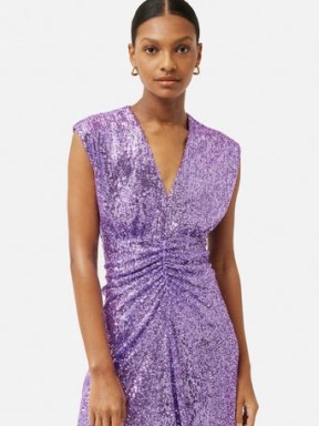 Jigsaw Sequin Ruched Midi Dress in Purple | women’s sleeveless sequinned occasion dresses | womens luxe party clothes | luxury evening event clothing