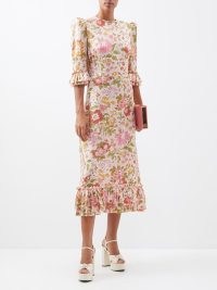 THE VAMPIRE’S WIFE The Falconetti floral-print crepe midi dress in pink ~ women’s luxury occasion clothes ~ puff shoulder frill trimmed dresses ~ womens designer event clothing ~ ruffled trim clothes