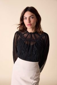 St. Roche FLORES TOP in BLACK – long sleeve semi sheer tops – women’s luxury fashion – romantic vintage style blouses – net overlay clothes
