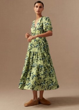 ME and EM Meadow Floral Print Midi Tea Dress in Sicilian Olive/Cream/Blue / women’s green and blue tiered dresses / womens feminine summer clothes