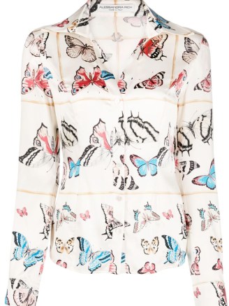 Alessandra Rich butterfly-print silk shirt in cream white/multicolour / women’s silky shirts with butterflies / womens luxe clothing