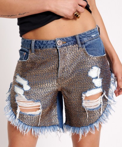 ONE TEASPOON GOLD MINE FRANKIES LONG LENGTH DENIM SHORT | women’s low waist beaded shorts | embellished denim clothes | ripped fashion