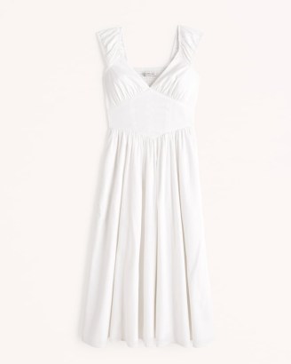 Abercrombie & Fitch Cap Sleeve Corset Midi Dress in White | fitted bodice dresses | women’s summer clothes