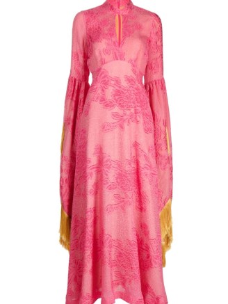 ALEMAIS Leonard fringed gown dress rose pink ~ floral empire waist boho gowns ~ bohemian occasion clothes ~ wide hanging fringe trim sleeves ~ mock high neck ~ front cut out detail