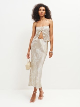 Reformation Beba Silk Two Piece in Sable | silky fashion sets | luxe occasion clothing co-ord | chic top and skirt co-ords | strappy halter tops and skirts | luxury clothes