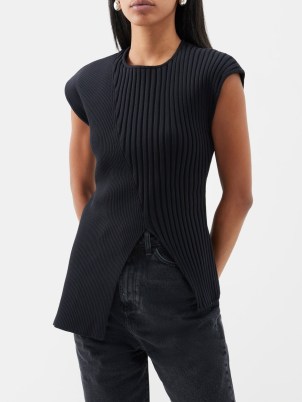 RÓHE Slit-hem ribbed-knit top | chic knitted cap sleeve tops | split asymmetric hemline