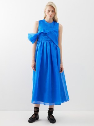 CECILIE BAHNSEN Sidney asymmetric silk-organza midi dress – sleeveless electric blue drape detail dresses – luxury asymmetrical clothes – romanace inspired clothing – feminine fashion