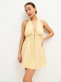 Reformation Carlena Linen Dress in Parmesan ~ halterneck plunge front mini dresses ~ fitted at bodice with a full skirt ~ plunging halter neckline