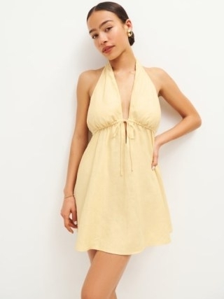 Reformation Carlena Linen Dress in Parmesan ~ halterneck plunge front mini dresses ~ fitted at bodice with a full skirt ~ plunging halter neckline