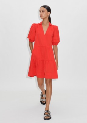 Me and Em Cotton Poplin Swing Shirt Dress in Brilliant Orange – bright collared tiered hem dresses