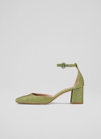 L.K. BENNETT Darling Green Fine Glitter D’Orsay Courts – glittering ankle strap court shoes – shimmering occasion block heels – crystal buckle detail