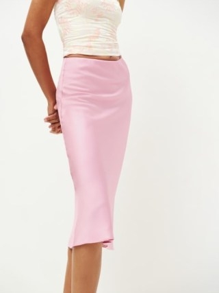 Reformation Ella Satin Skirt in Babygirl ~ luxe pink skirts ~ smooth fabric fashion