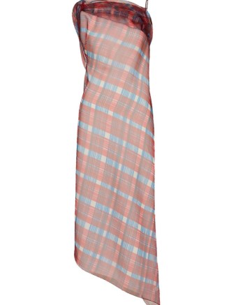 Ferragamo asymmetric-hem plaid organza dress ~ strappy red tartan midi dresses ~ asymmetrical hemline fashion