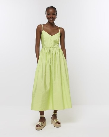 RIVER ISLAND GREEN TAFFETA PROM SWING MIDI DRESS – strappy luxe style fashion – cami strap dresses