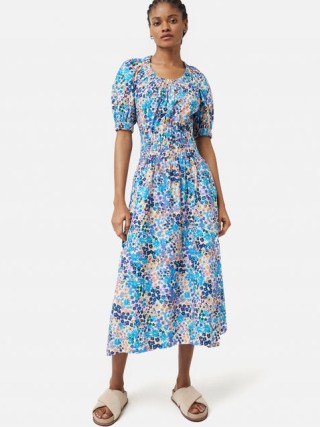 JIGSAW Rave Floral Cotton Dress in Blue / short sleeve round neck summer dresses