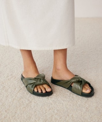 JENNI KAYNE Leather Knot Sandal in Olive | women’s green knotted footbed flats | casual slip on summer sandals | luxe flat sandals