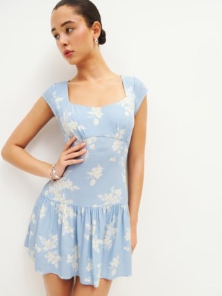 Reformation Olencia Dress Bijou ~ light blue floral cap sleeve mini dresses