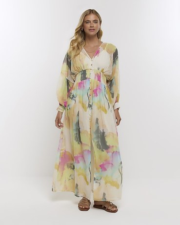 RIVER ISLAND PINK CHIFFON ABSTRACT MAXI SWING DRESS ~ floaty balloon sleeve summer dresses