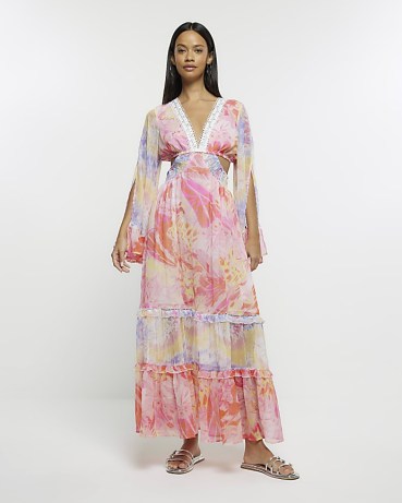 RIVER ISLAND PINK CHIFFON ABSTRACT PRINT BEACH MAXI DRESS ~ cut out beachwear ~ holiday poolside dresses ~ floaty cover up