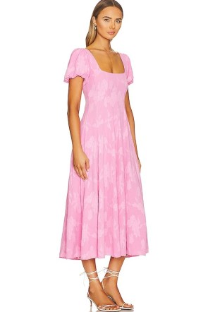 Show Me Your Mumu Mia Midi Dress in Pink Clip Floral / puff sleeve fit and flare summer dresses