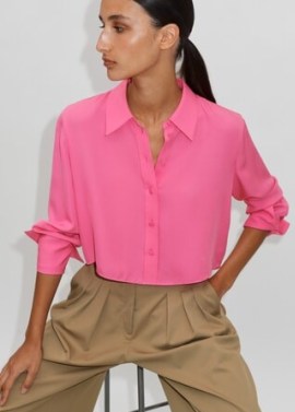 ME and EM Silk Boxy Cropped Shirt in Punch Pink – women’s silky crop hem shirts – luxe fashion